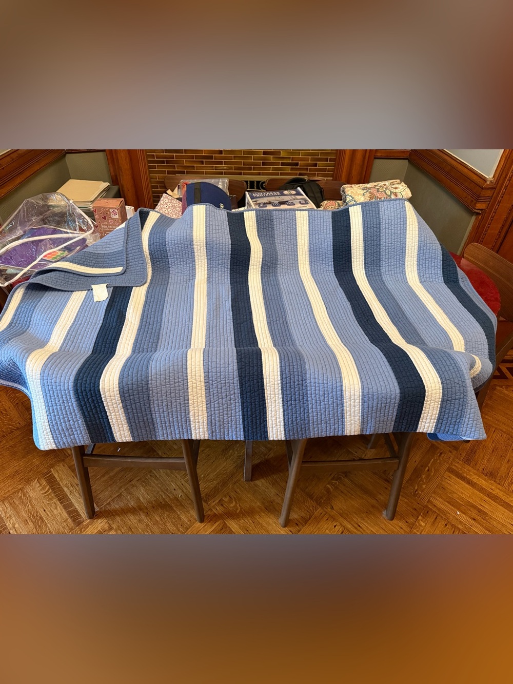 Striped Blue Quilted Throw Blanket - Blue & White 100% Cotton